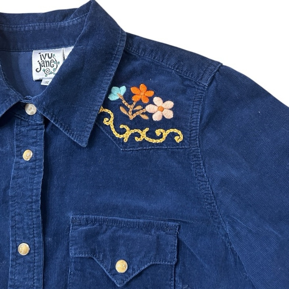Ivy Jane Navy Blue Corduroy Embroidered Pearl Snap Dress Size Small - Picture 9 of 11